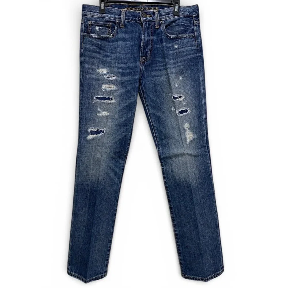 American Eagle Outfitters Men’s Original Straight Jeans 32x32 Distressed Blue - Picture 1 of 15
